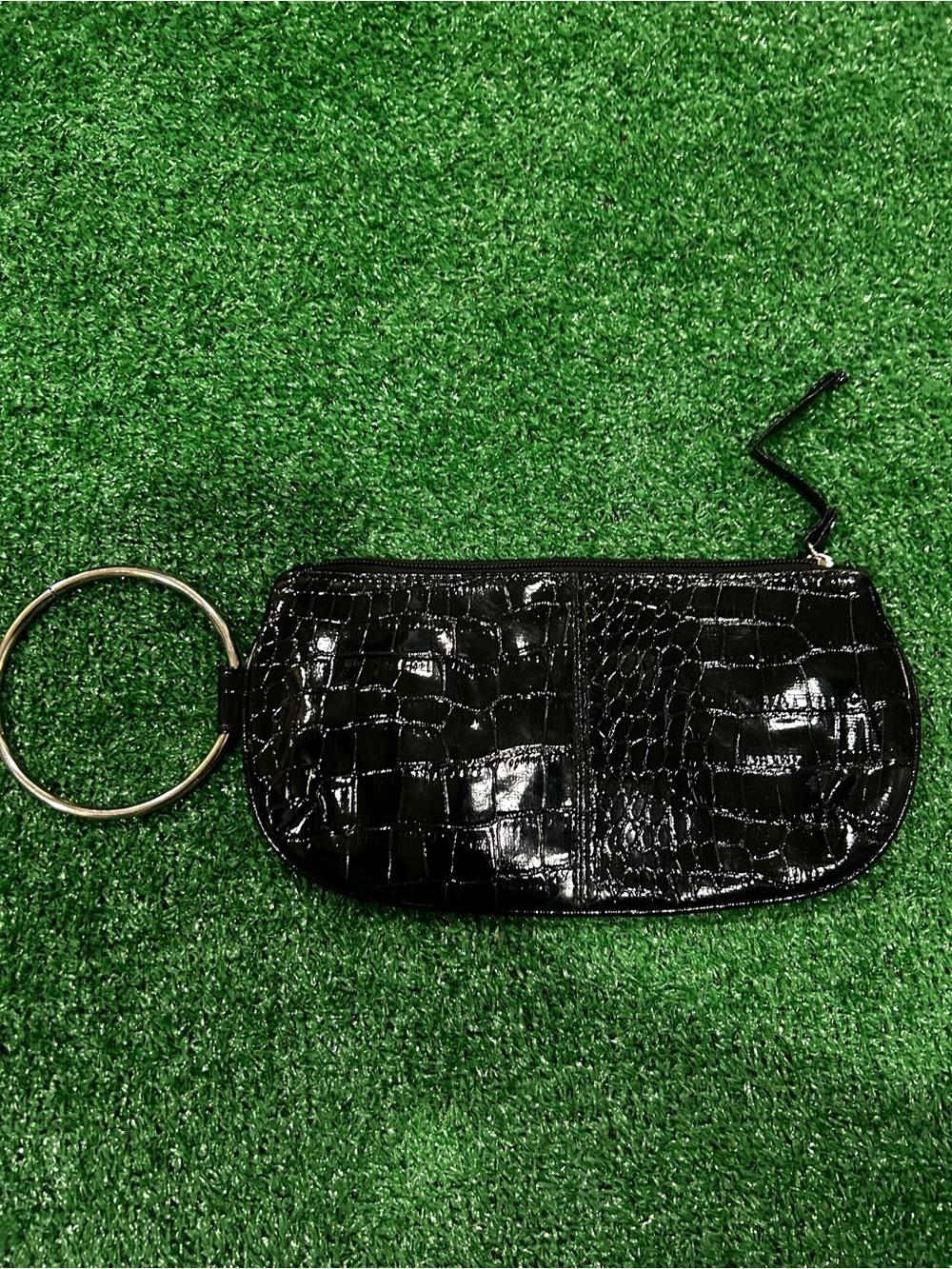 Black Faux-Croc Ring Handle Clutch